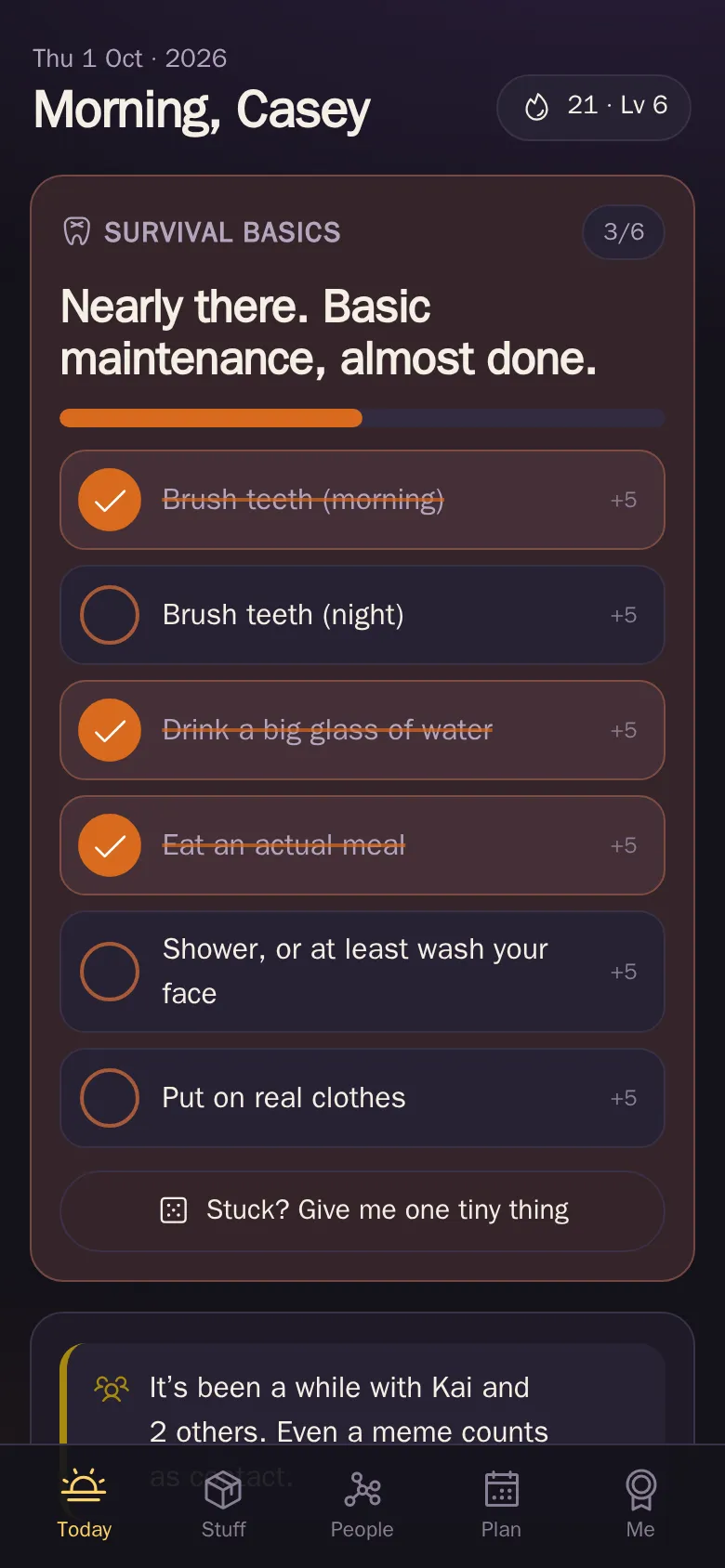 The app’s Today screen on a phone, with a survival basics checklist half ticked off and a nudge to get back in touch with friends.