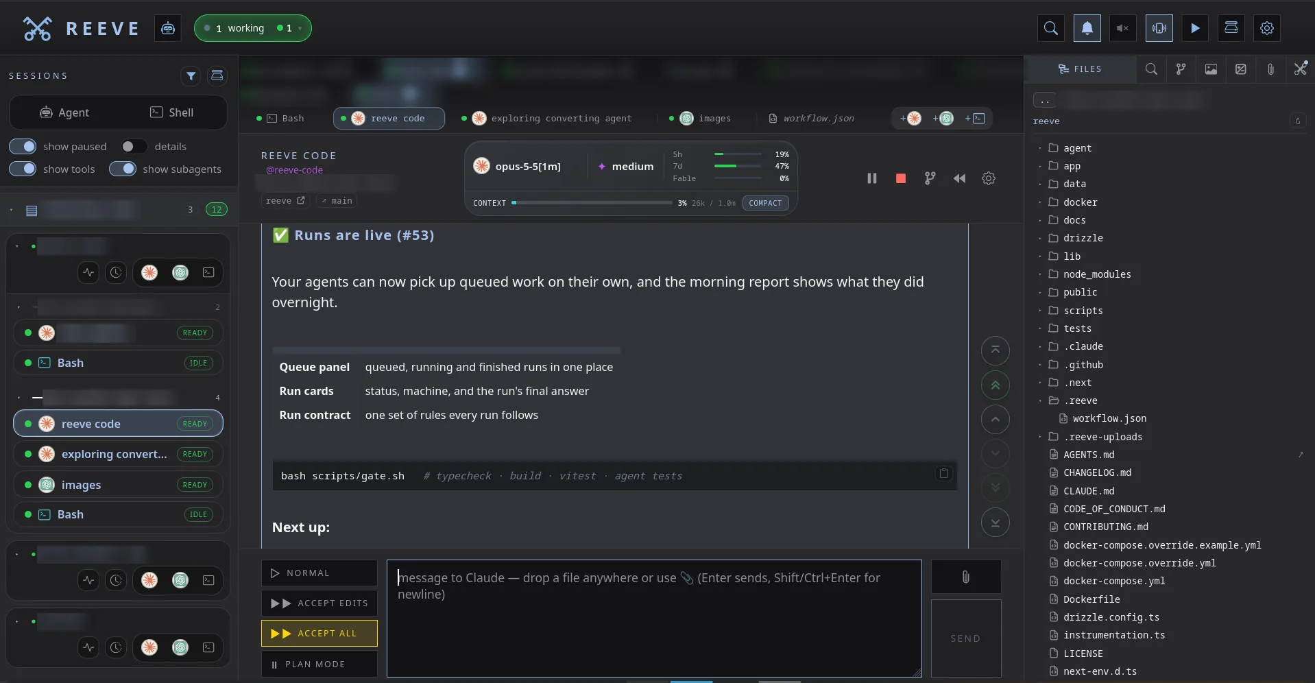 Reeve’s main view, with a list of agent sessions on the left, a conversation announcing that queued runs are live, model and usage gauges above it, and the project’s file tree on the right. Server names and folder paths are blurred.